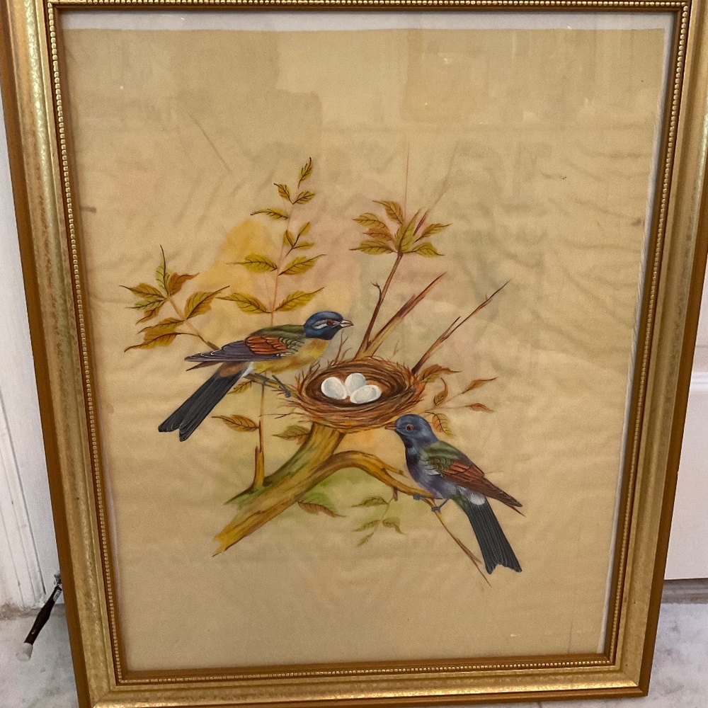 Silk Hand Painted Birds with Nest Unique
